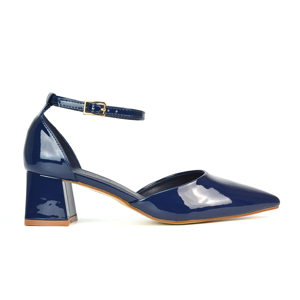 Evie Low Block Heel Pointed Toe Ankle Strap Court Shoes in Navy Patent sold by XYlondon product image thumbnail 4
