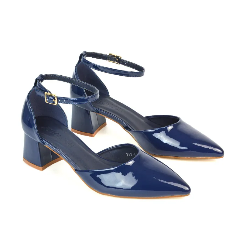 Evie Low Block Heel Pointed Toe Ankle Strap Court Shoes in Navy Patent sold by XYlondon