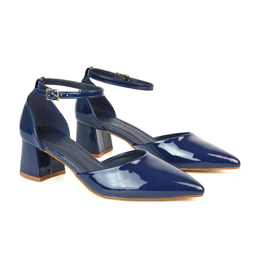 Evie Low Block Heel Pointed Toe Ankle Strap Court Shoes in Navy Patent sold by XYlondon product image thumbnail 2