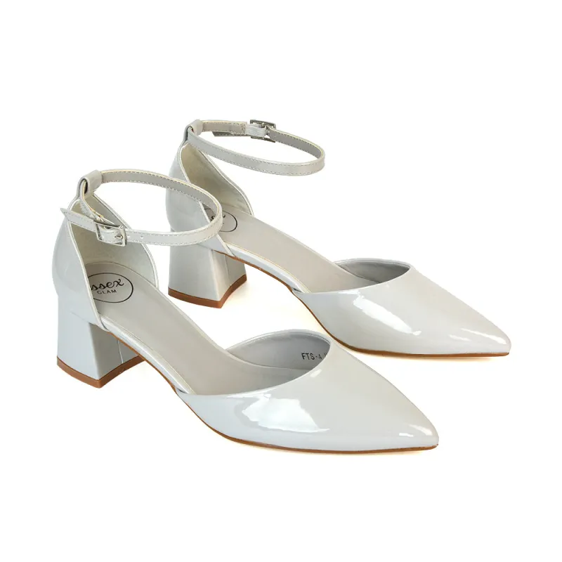 Evie Low Block Heel Pointed Toe Ankle Strap Court Shoes in Light Grey Patent sold by XYlondon
