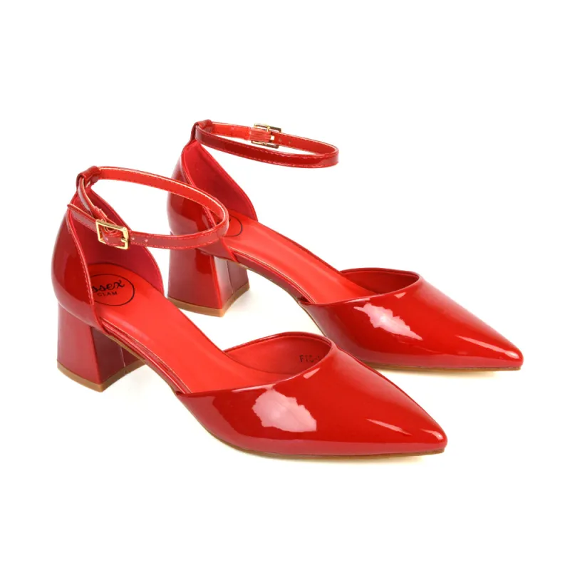 Evie Low Block Heel Pointed Toe Ankle Strap Court Shoes in Red Patent sold by XYlondon