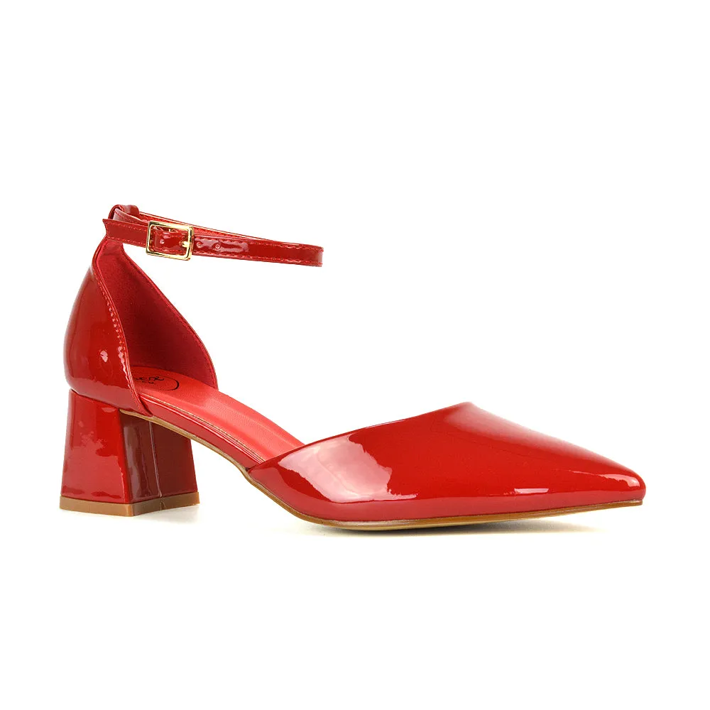 Evie Low Block Heel Pointed Toe Ankle Strap Court Shoes in Red Patent sold by XYlondon product image thumbnail 5