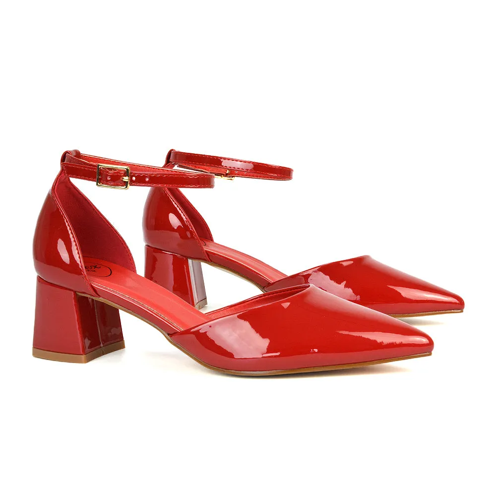 Evie Low Block Heel Pointed Toe Ankle Strap Court Shoes in Red Patent sold by XYlondon product image thumbnail 4