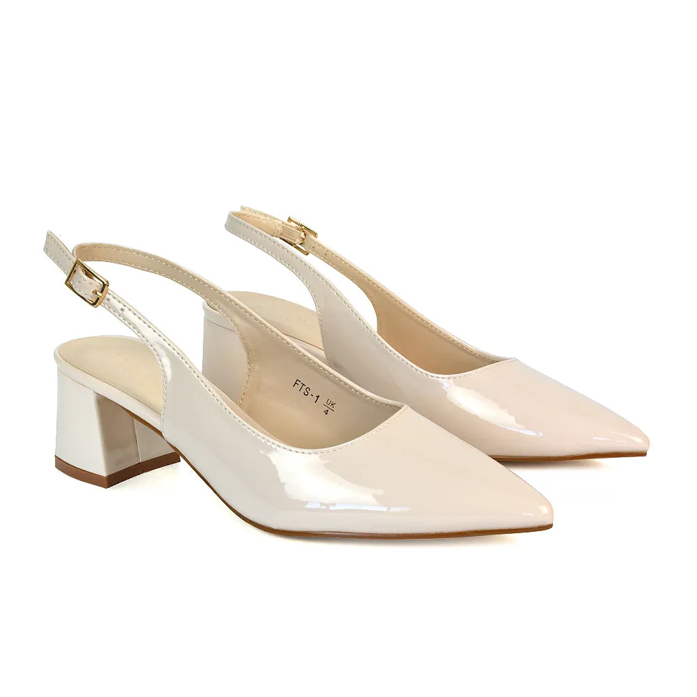 Devon Low Block Heel Slingback Pointed Toe Shoes in Beige Patent sold by XYlondon product image thumbnail 4