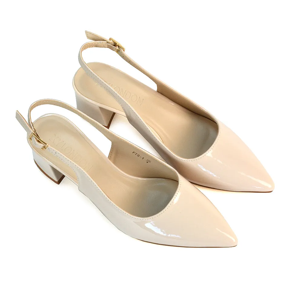 Devon Low Block Heel Slingback Pointed Toe Shoes in Beige Patent sold by XYlondon product image thumbnail 2