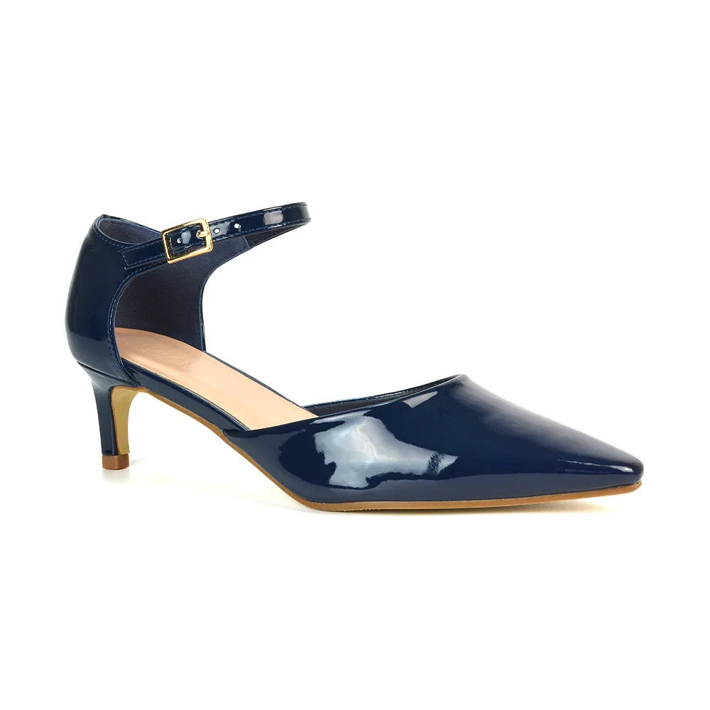 Lacey Kitten Low Heel Ankle Strap Pointed Toe Shoes in Navy Patent sold by XYlondon product image thumbnail 3