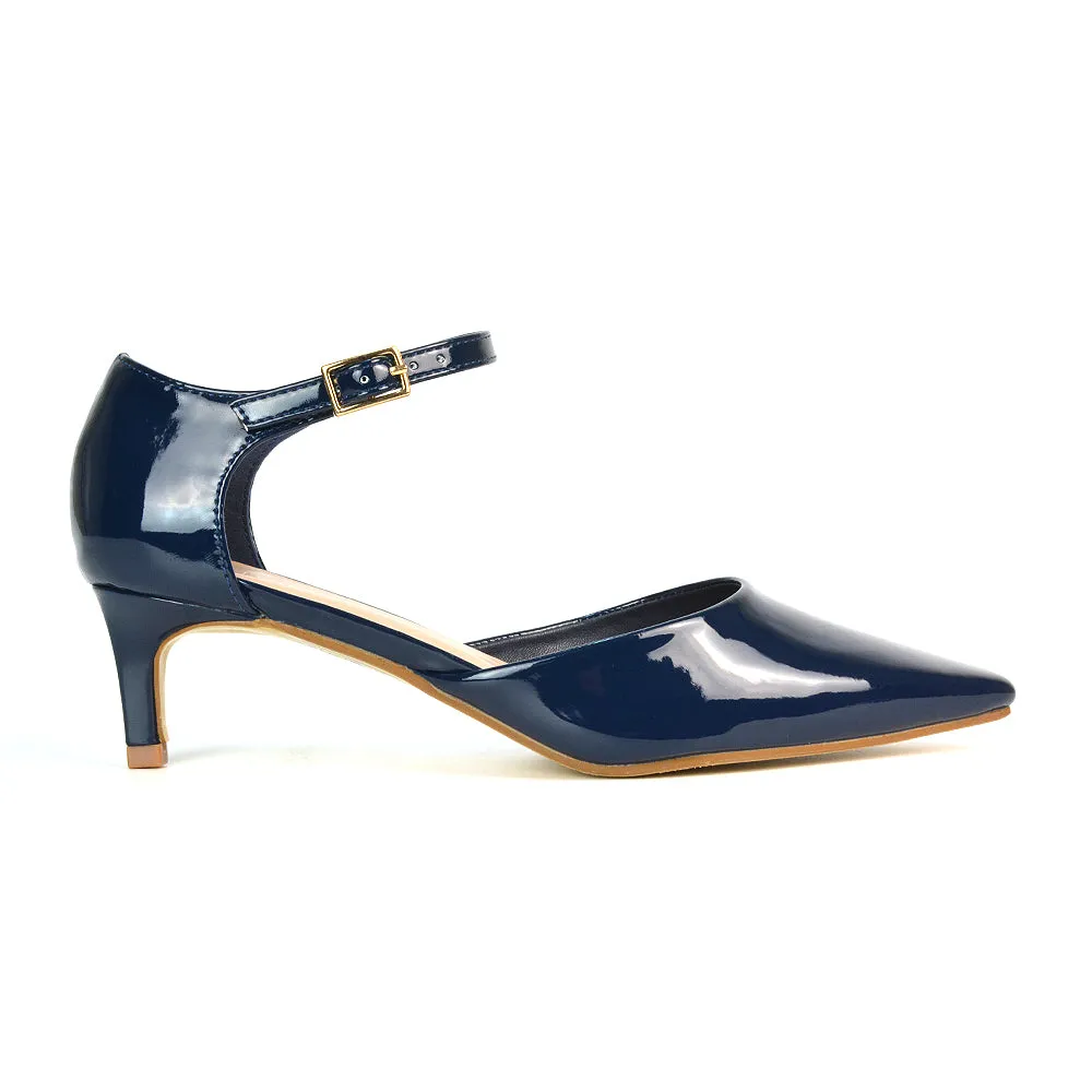 Lacey Kitten Low Heel Ankle Strap Pointed Toe Shoes in Navy Patent sold by XYlondon product image thumbnail 4
