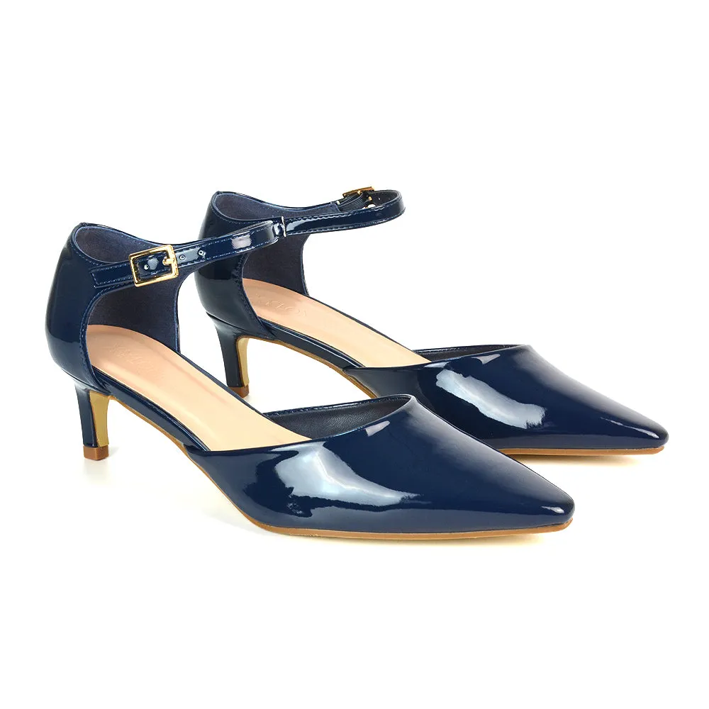 Lacey Kitten Low Heel Ankle Strap Pointed Toe Shoes in Navy Patent sold by XYlondon product image thumbnail 5
