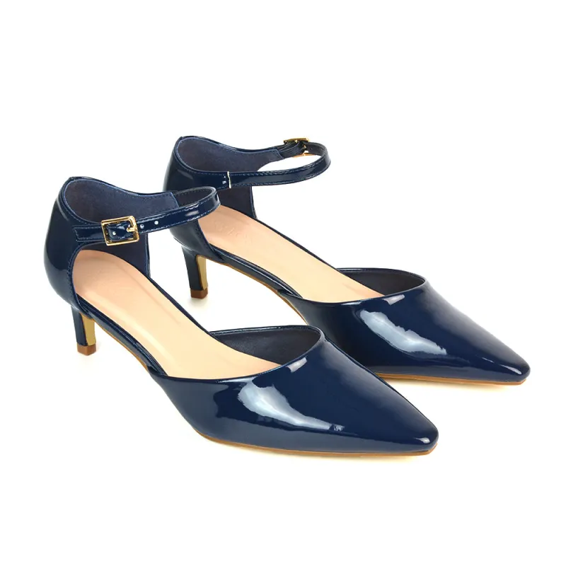 Lacey Kitten Low Heel Ankle Strap Pointed Toe Shoes in Navy Patent sold by XYlondon