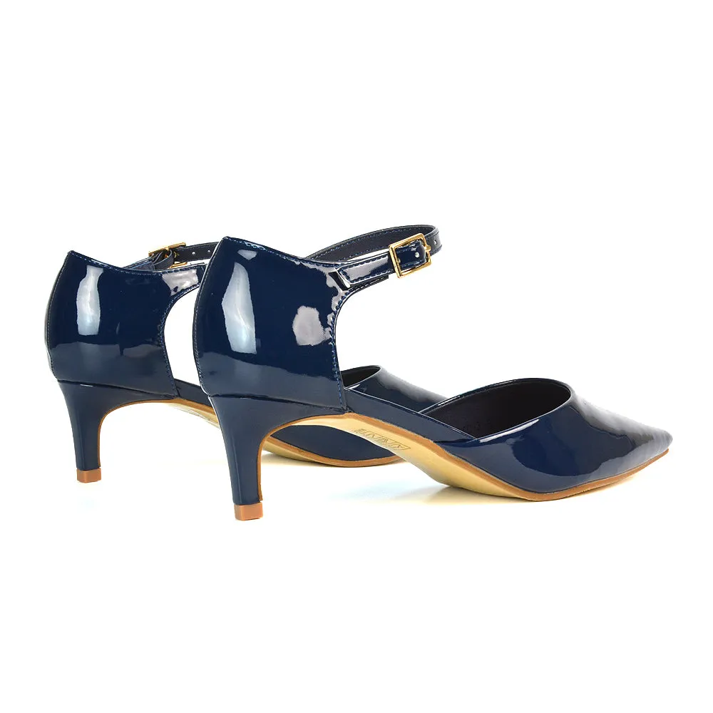 Lacey Kitten Low Heel Ankle Strap Pointed Toe Shoes in Navy Patent sold by XYlondon product image thumbnail 2