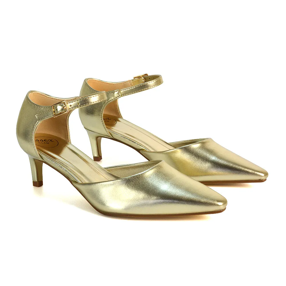 Lacey Kitten Low Heel Ankle Strap Pointed Toe Shoes in Gold Metallic sold by XYlondon product image thumbnail 3