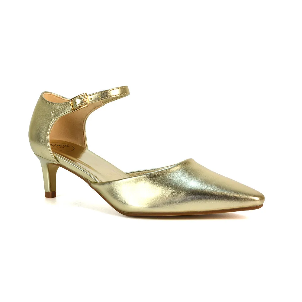 Lacey Kitten Low Heel Ankle Strap Pointed Toe Shoes in Gold Metallic sold by XYlondon product image thumbnail 5