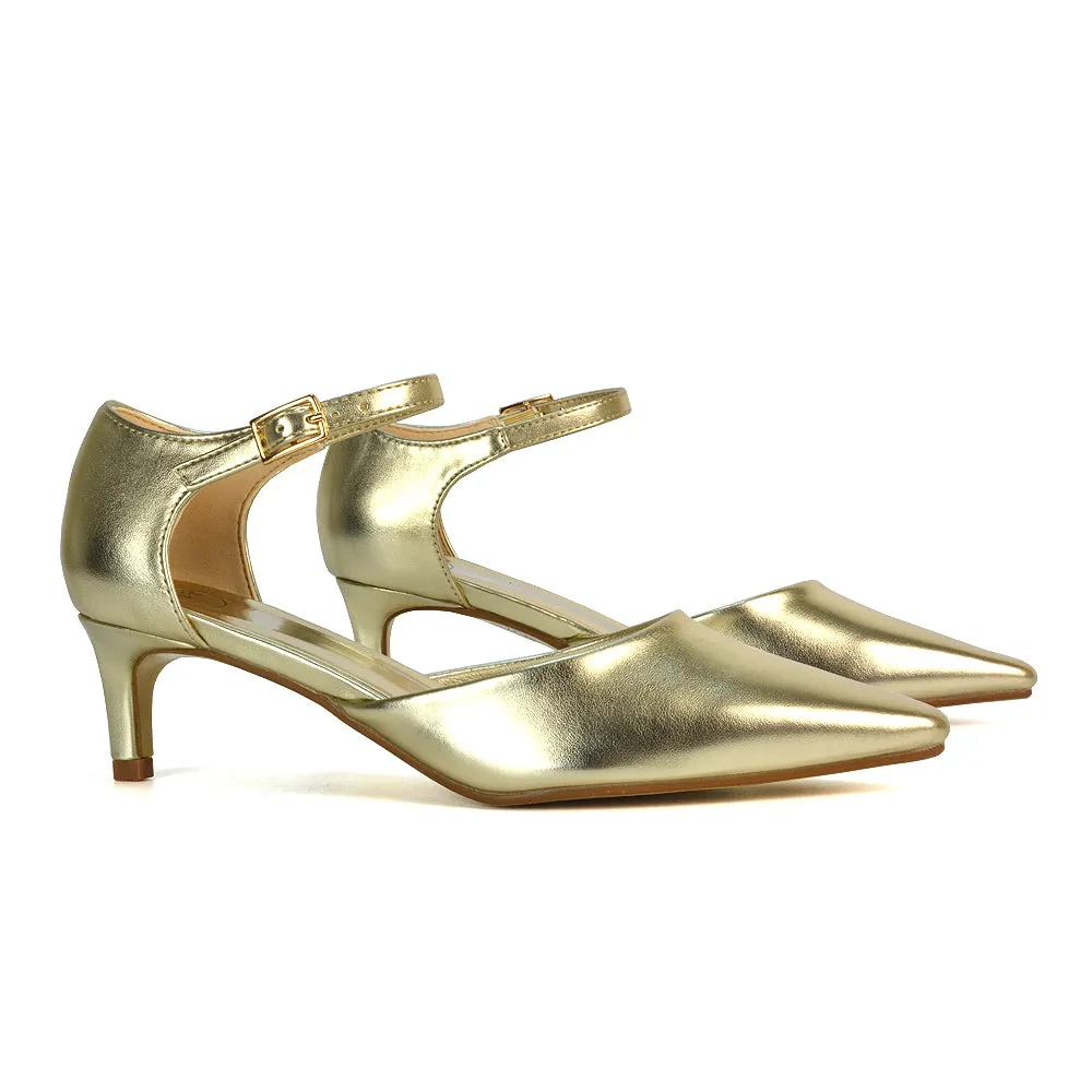 Lacey Kitten Low Heel Ankle Strap Pointed Toe Shoes in Gold Metallic sold by XYlondon product image thumbnail 4