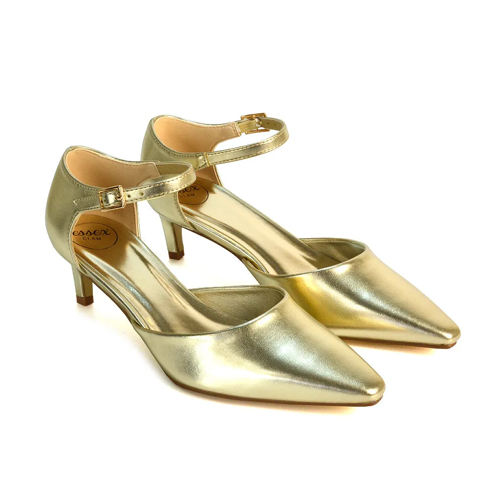 Lacey Kitten Low Heel Ankle Strap Pointed Toe Shoes in Gold Metallic sold by XYlondon