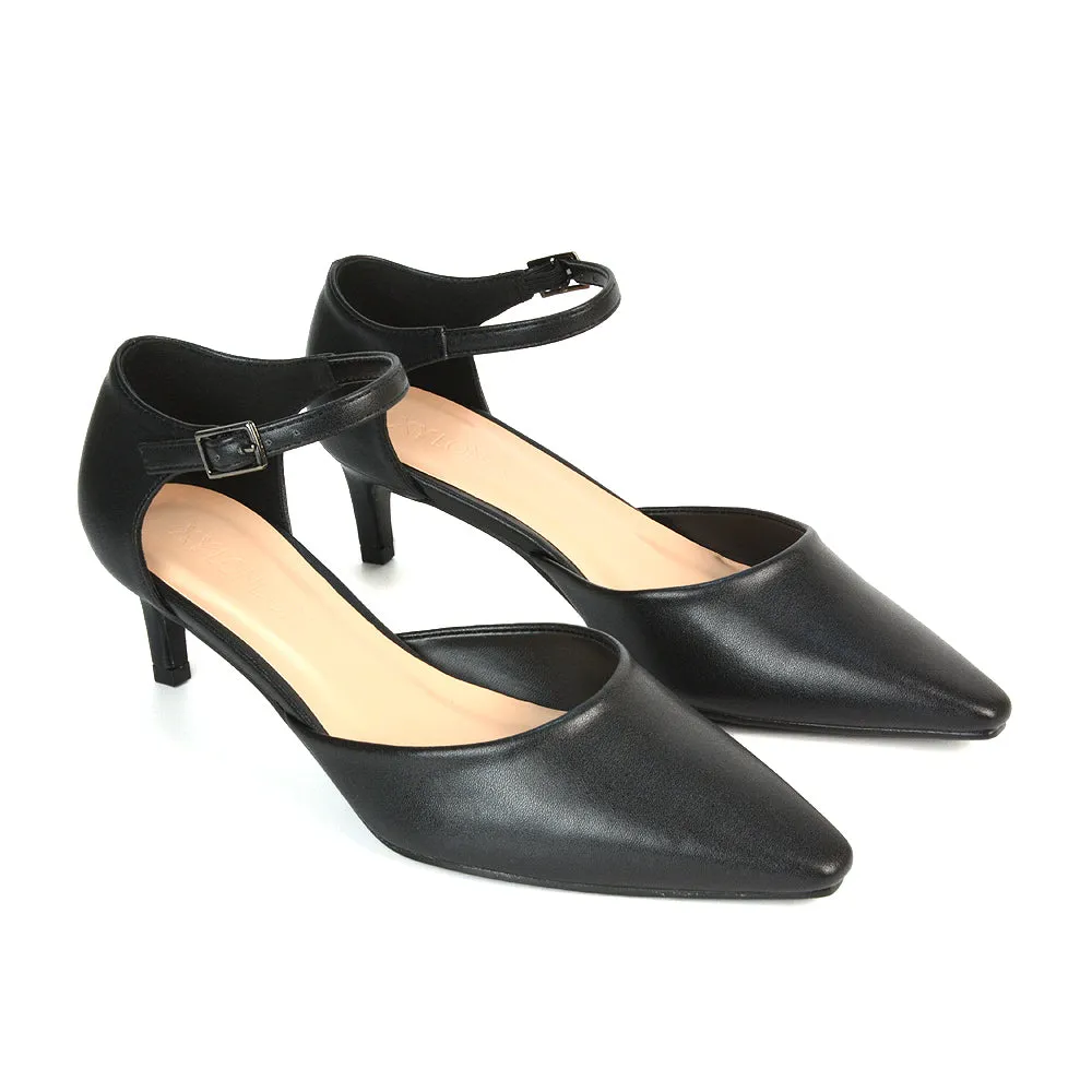 Lacey Kitten Low Heel Ankle Strap Pointed Toe Shoes in Black Synthetic Leather sold by XYlondon