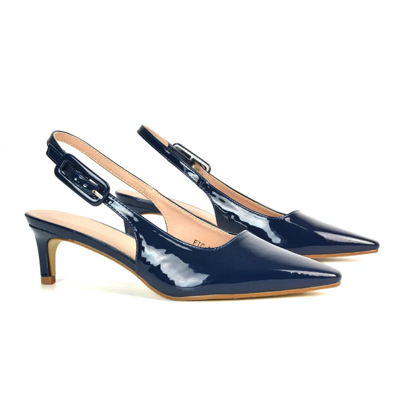 Kelly Low Kitten Heel Slingback Pointed Toe Court Shoes in Navy Patent sold by XYlondon