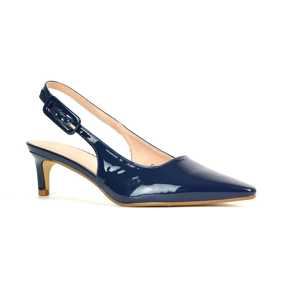 Kelly Low Kitten Heel Slingback Pointed Toe Court Shoes in Navy Patent sold by XYlondon product image thumbnail 5