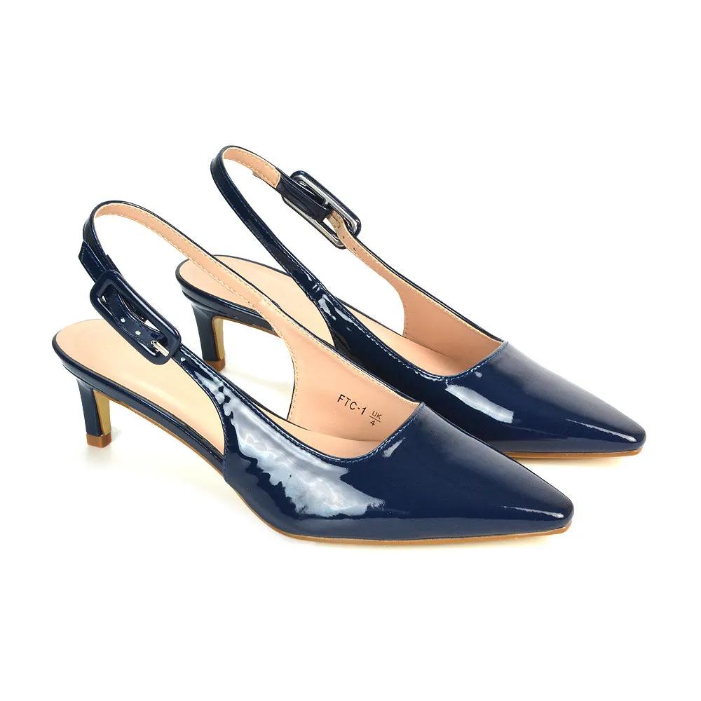 Kelly Low Kitten Heel Slingback Pointed Toe Court Shoes in Navy Patent sold by XYlondon product image thumbnail 2