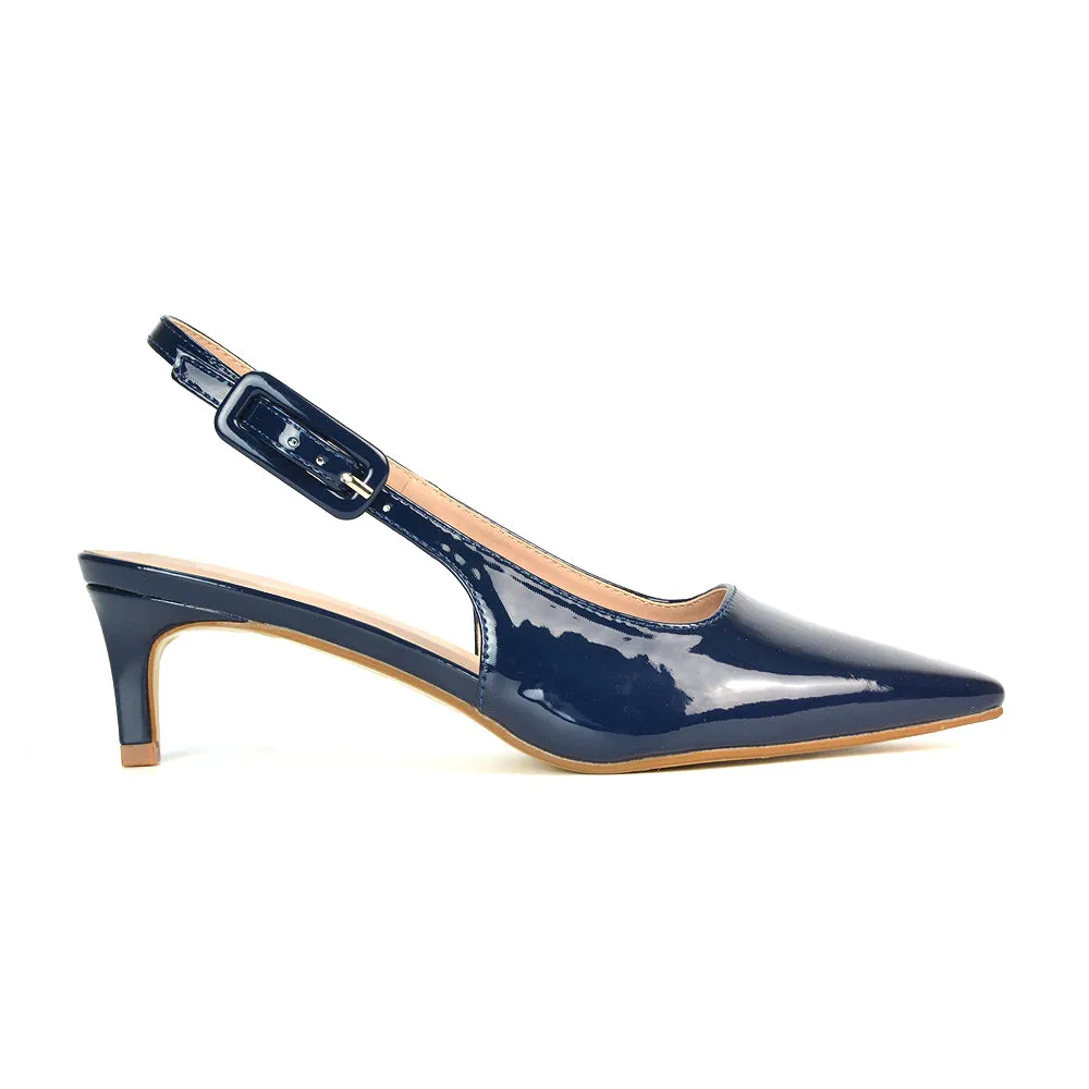 Kelly Low Kitten Heel Slingback Pointed Toe Court Shoes in Navy Patent sold by XYlondon product image thumbnail 3