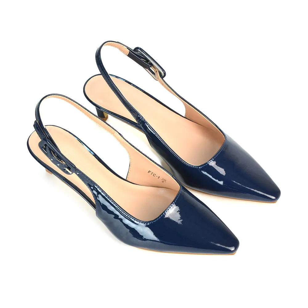 Kelly Low Kitten Heel Slingback Pointed Toe Court Shoes in Navy Patent sold by XYlondon product image thumbnail 4