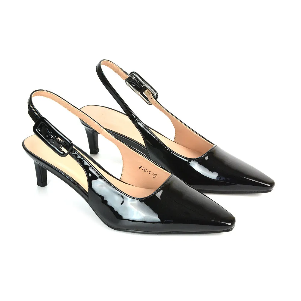 Kelly Low Kitten Heel Slingback Pointed Toe Court Shoes in Black Patent sold by XYlondon product image thumbnail 2