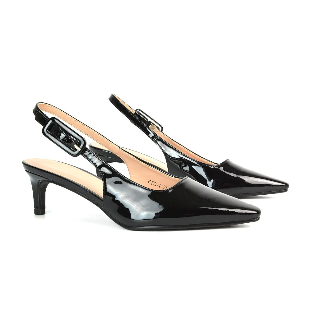 Kelly Low Kitten Heel Slingback Pointed Toe Court Shoes in Black Patent sold by XYlondon