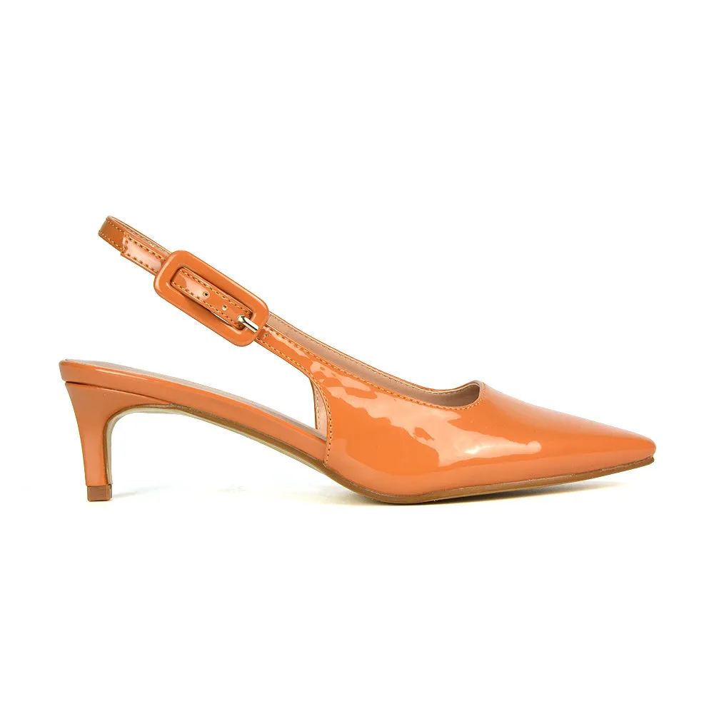 Kelly Low Kitten Heel Slingback Pointed Toe Court Shoes in Apricot Patent sold by XYlondon product image thumbnail 3