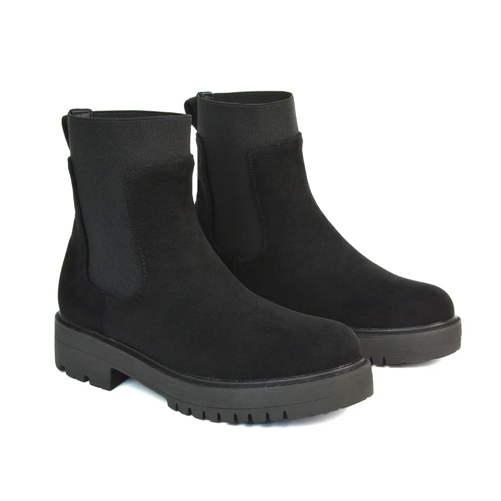 Karev Chunky Sole Elasticated Slip on Block Heel Chelsea Sock Ankle Boots in Black Faux Suede sold by XYlondon product image thumbnail 2