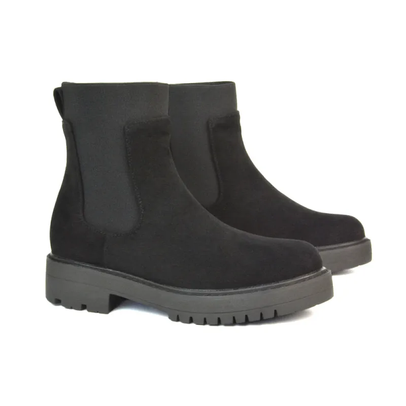 Karev Chunky Sole Elasticated Slip on Block Heel Chelsea Sock Ankle Boots in Black Faux Suede sold by XYlondon