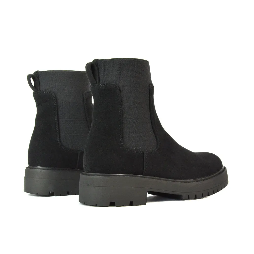 Karev Chunky Sole Elasticated Slip on Block Heel Chelsea Sock Ankle Boots in Black Faux Suede sold by XYlondon product image thumbnail 3