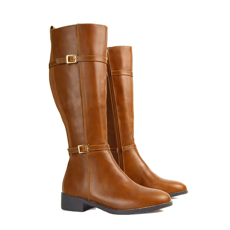 Ellis Flat Heel Stretch Knee High Winter Long Boots In Tan Synthetic Leather sold by XYlondon
