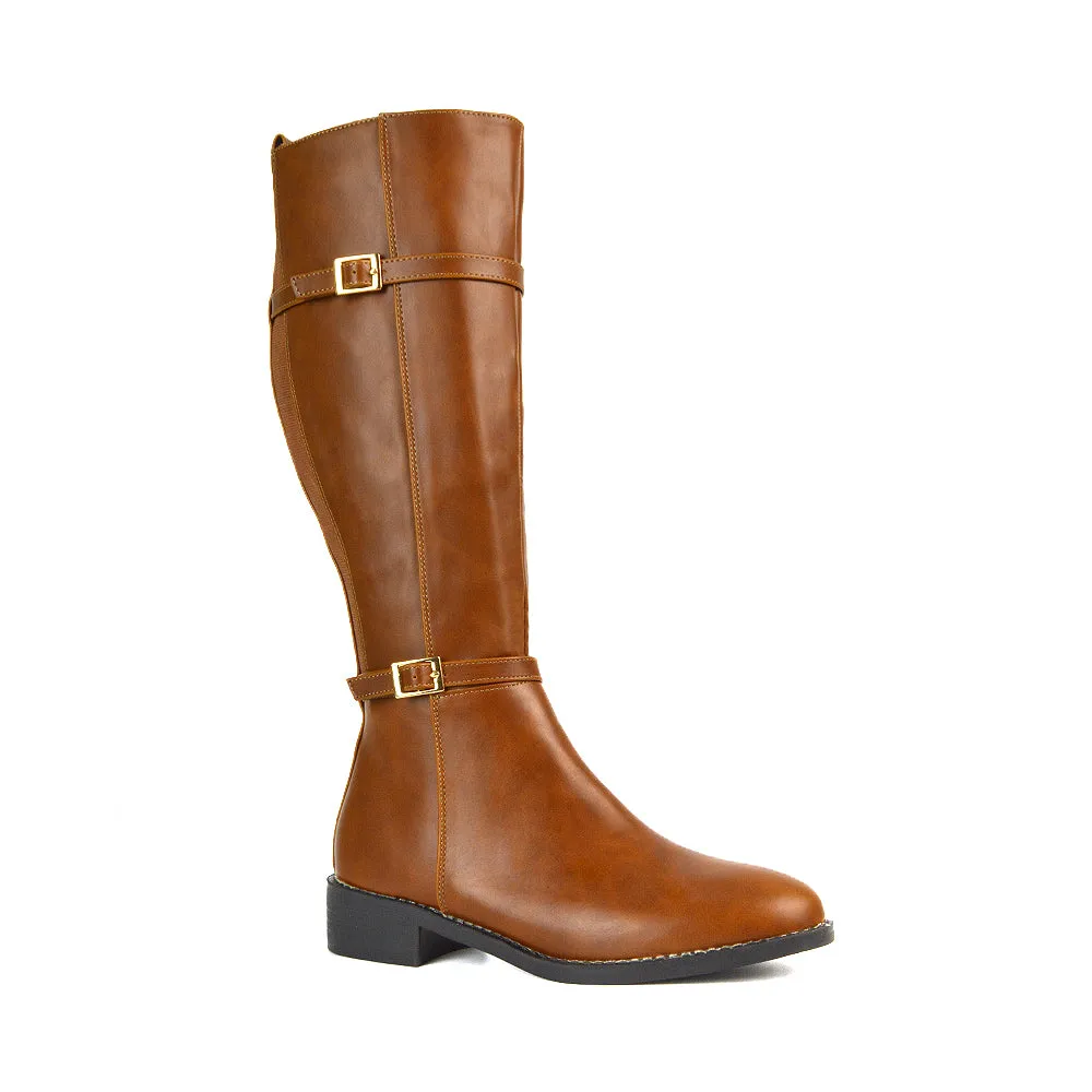 Ellis Flat Heel Stretch Knee High Winter Long Boots In Tan Synthetic Leather sold by XYlondon product image thumbnail 5