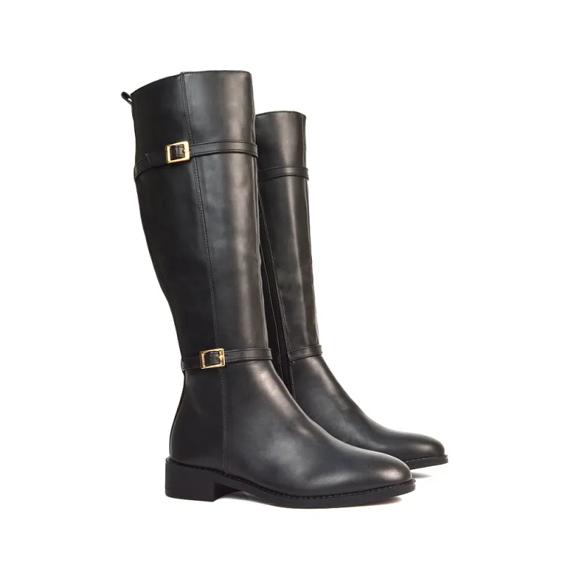 Ellis Flat Heel Stretch Knee High Winter Long Boots In Black Synthetic Leather sold by XYlondon