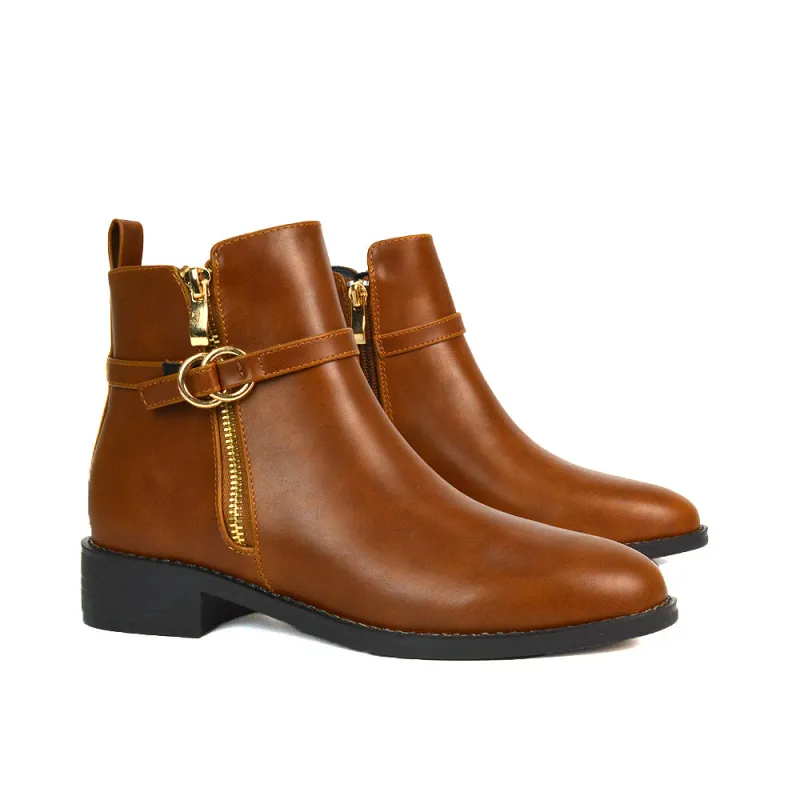 Bella Casual Flat Heel Zip Up Chelsea Ankle Boots in Tan Synthetic Leather sold by XYlondon