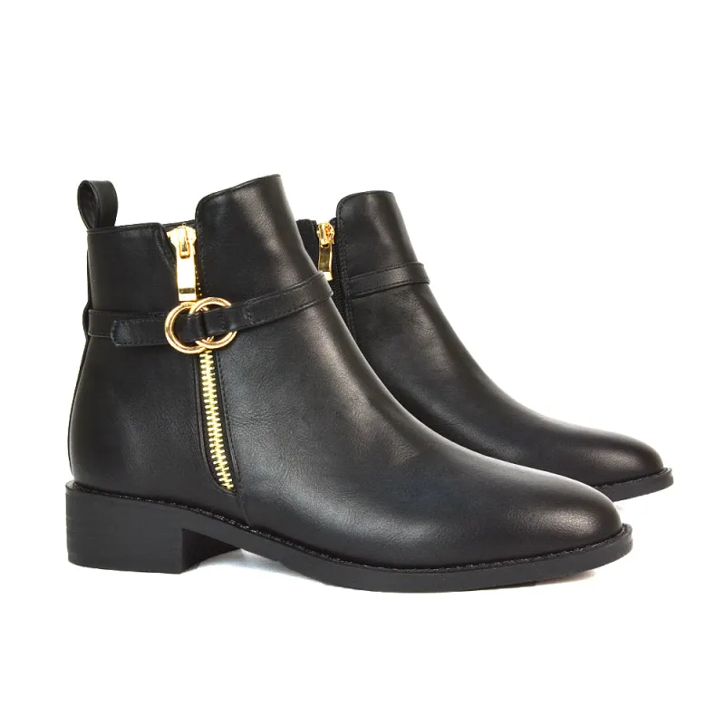 Bella Casual Flat Heel Zip Up Chelsea Ankle Boots in Black Synthetic Leather sold by XYlondon