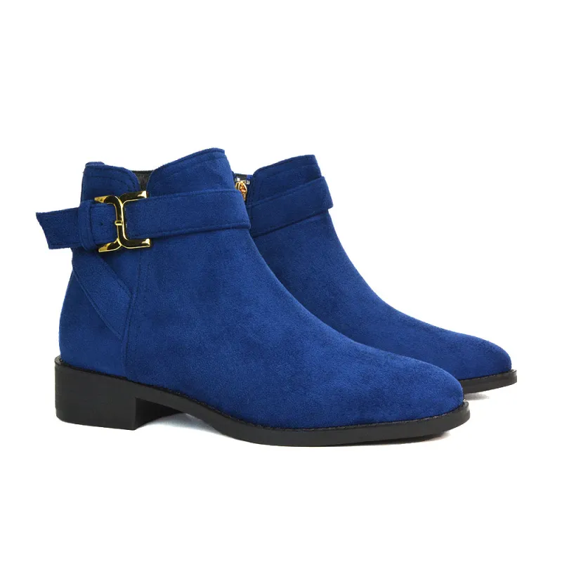 Shyla Zip Up Ankle Chelsea Boots With Low Heel in Navy Faux Suede sold by XYlondon