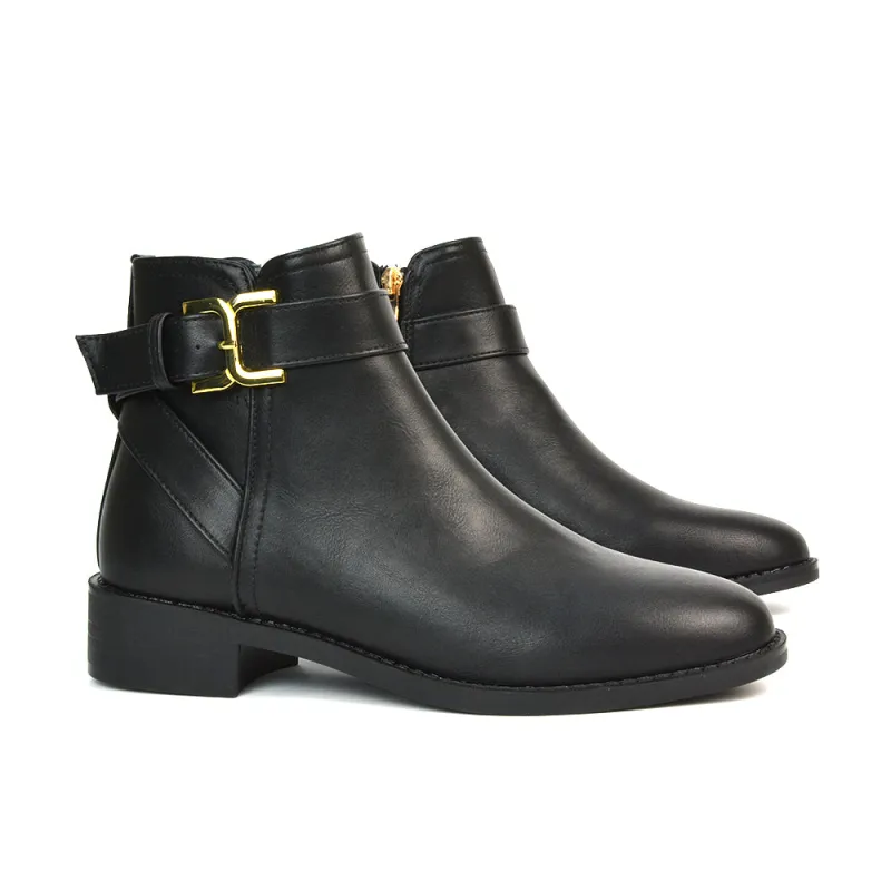 Shyla Zip Up Ankle Chelsea Boots With Low Heel in Black Synthetic Leather sold by XYlondon