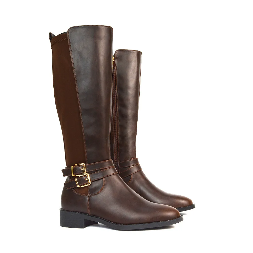 Charlie Flat Heel Zip Up Knee High Stretchy Boots With Buckle in Brown Synthetic Leather sold by XYlondon