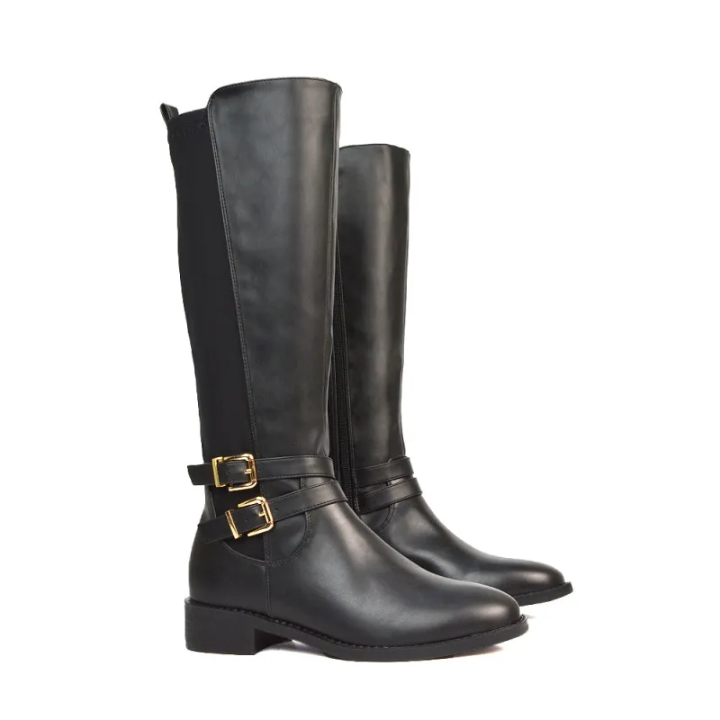 Charlie Flat Heel Zip Up Knee High Stretchy Boots With Buckle in Black Synthetic Leather sold by XYlondon