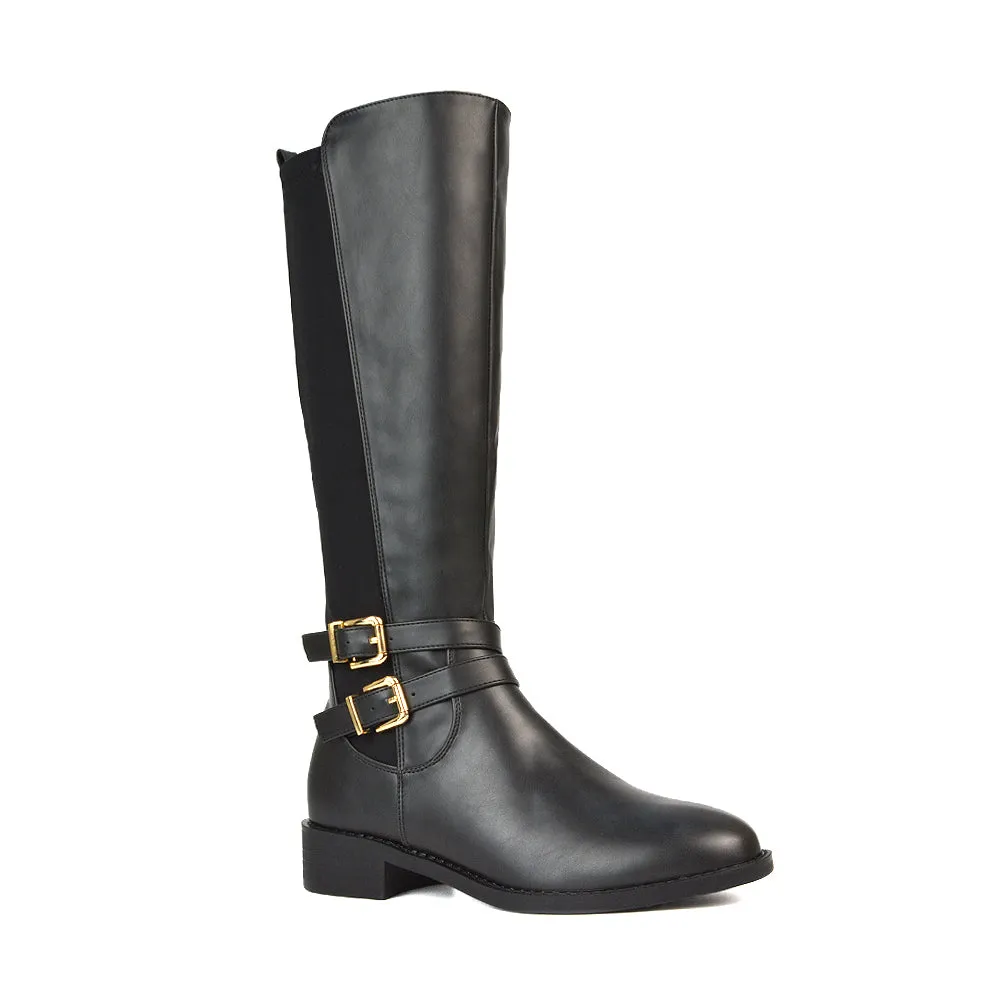 Charlie Flat Heel Zip Up Knee High Stretchy Boots With Buckle in Black Synthetic Leather sold by XYlondon product image thumbnail 5