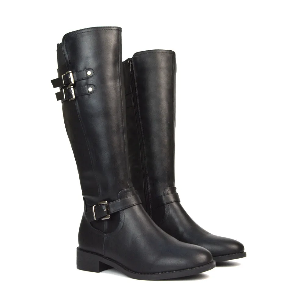 Katy Knee High Flat Heel Buckle Detail Winter Biker Boots in Black Synthetic Leather sold by XYlondon product image thumbnail 2