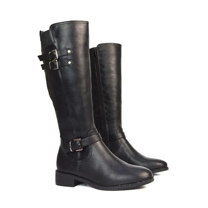 Katy Knee High Flat Heel Buckle Detail Winter Biker Boots in Black Synthetic Leather sold by XYlondon