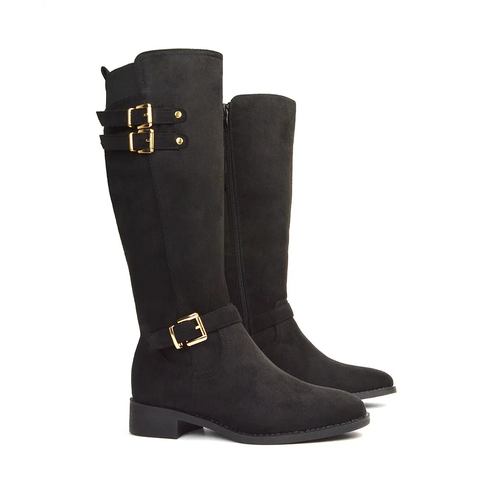 Katy Knee High Flat Heel Buckle Detail Winter Biker Boots in Black Faux Suede sold by XYlondon