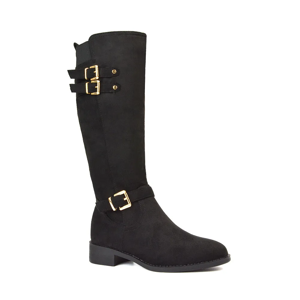 Katy Knee High Flat Heel Buckle Detail Winter Biker Boots in Black Faux Suede sold by XYlondon product image thumbnail 5