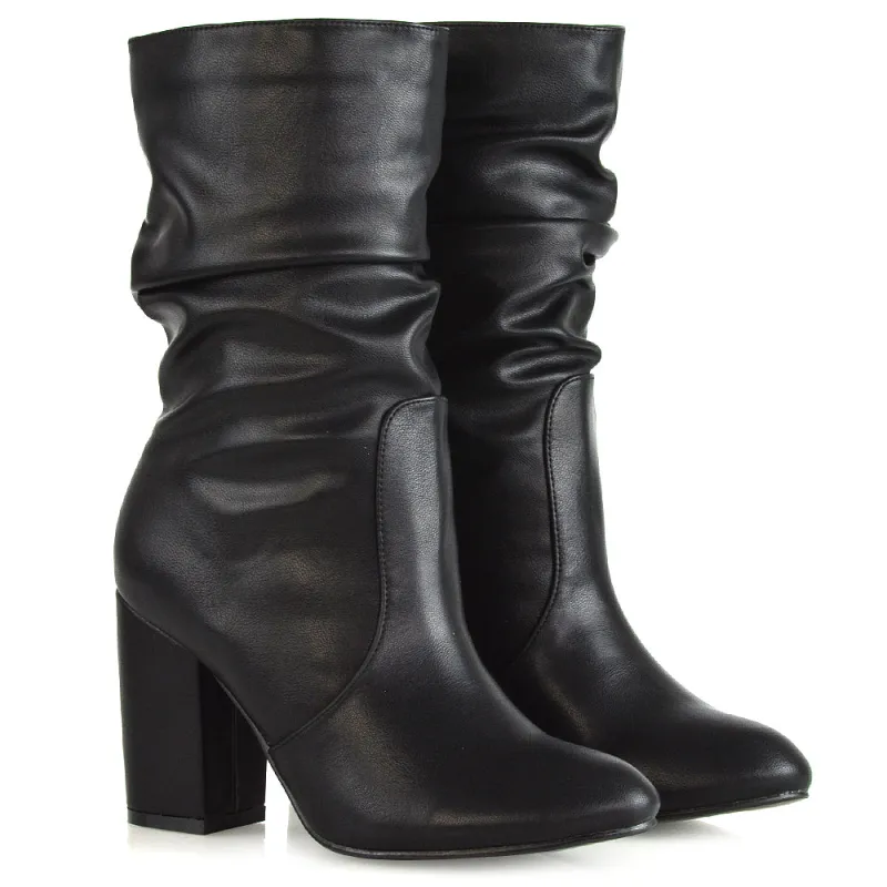 Belle Mid Block Heel Ruched Pull On Mid Calf Boots in Black Synthetic Leather sold by XYlondon