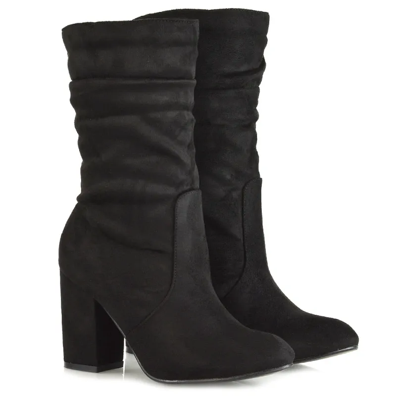 Belle Mid Block Heel Ruched Pull On Mid Calf Boots in Black Faux Suede sold by XYlondon