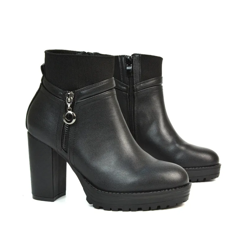 Caitlin Platform Block High Heel Zip Up Sock Ankle Boots in Black Synthetic Leather sold by XYlondon
