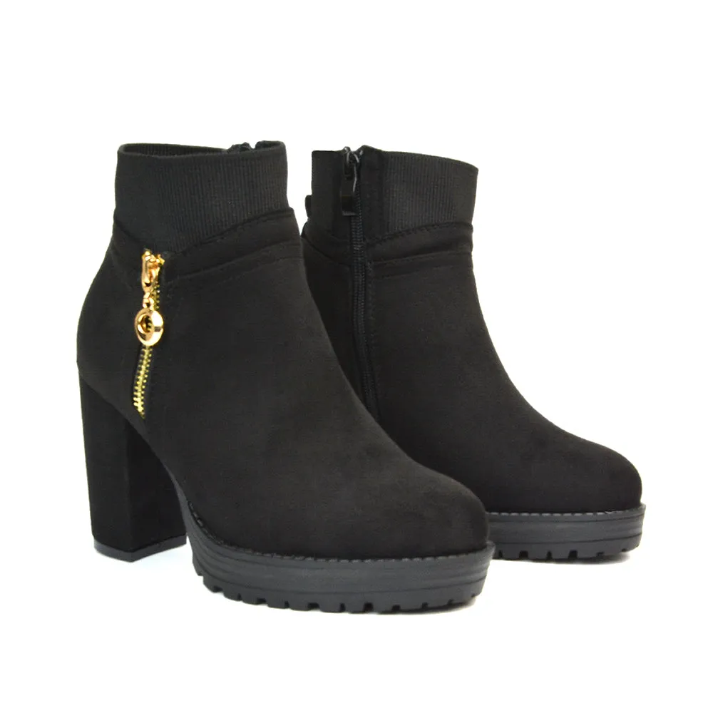 Caitlin Platform Block High Heel Zip Up Sock Ankle Boots in Black Faux Suede sold by XYlondon product image thumbnail 3