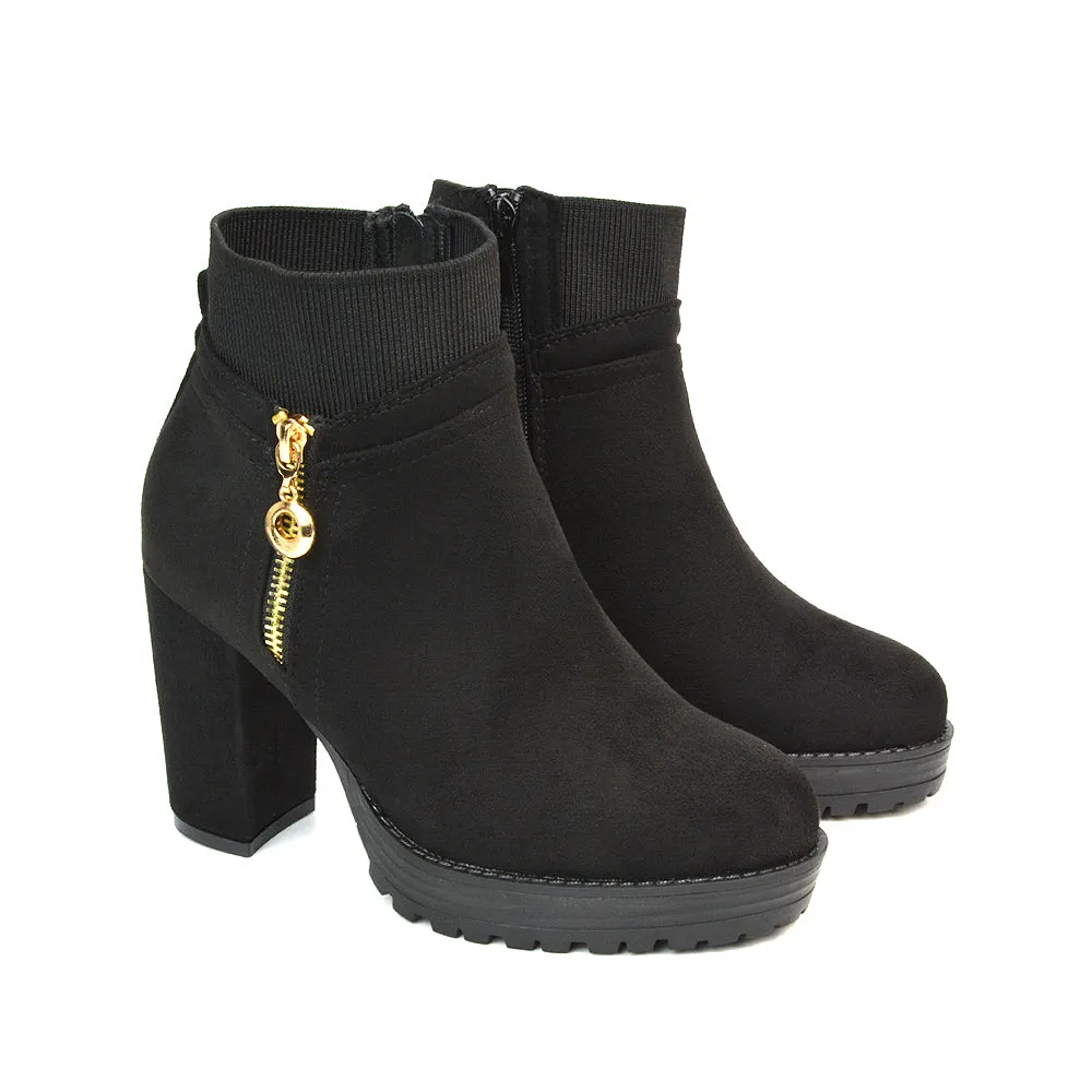 Caitlin Platform Block High Heel Zip Up Sock Ankle Boots in Black Faux Suede sold by XYlondon product image thumbnail 4