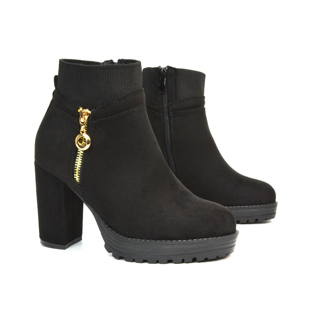 Caitlin Platform Block High Heel Zip Up Sock Ankle Boots in Black Faux Suede sold by XYlondon